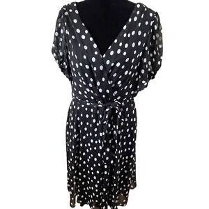 Connnected Apparel Black and White Polka Dot Midi Dress Sz 16 V-Neck Faux-Wrap